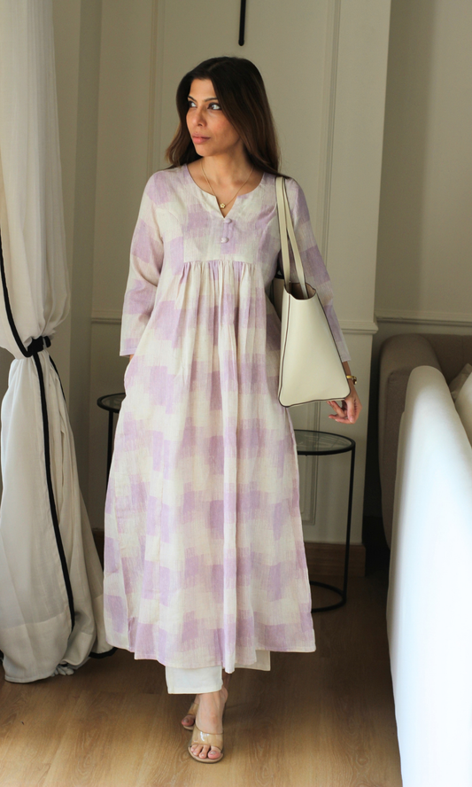 Lavender Checks Linen Cotton Kurta with Cotton Pants