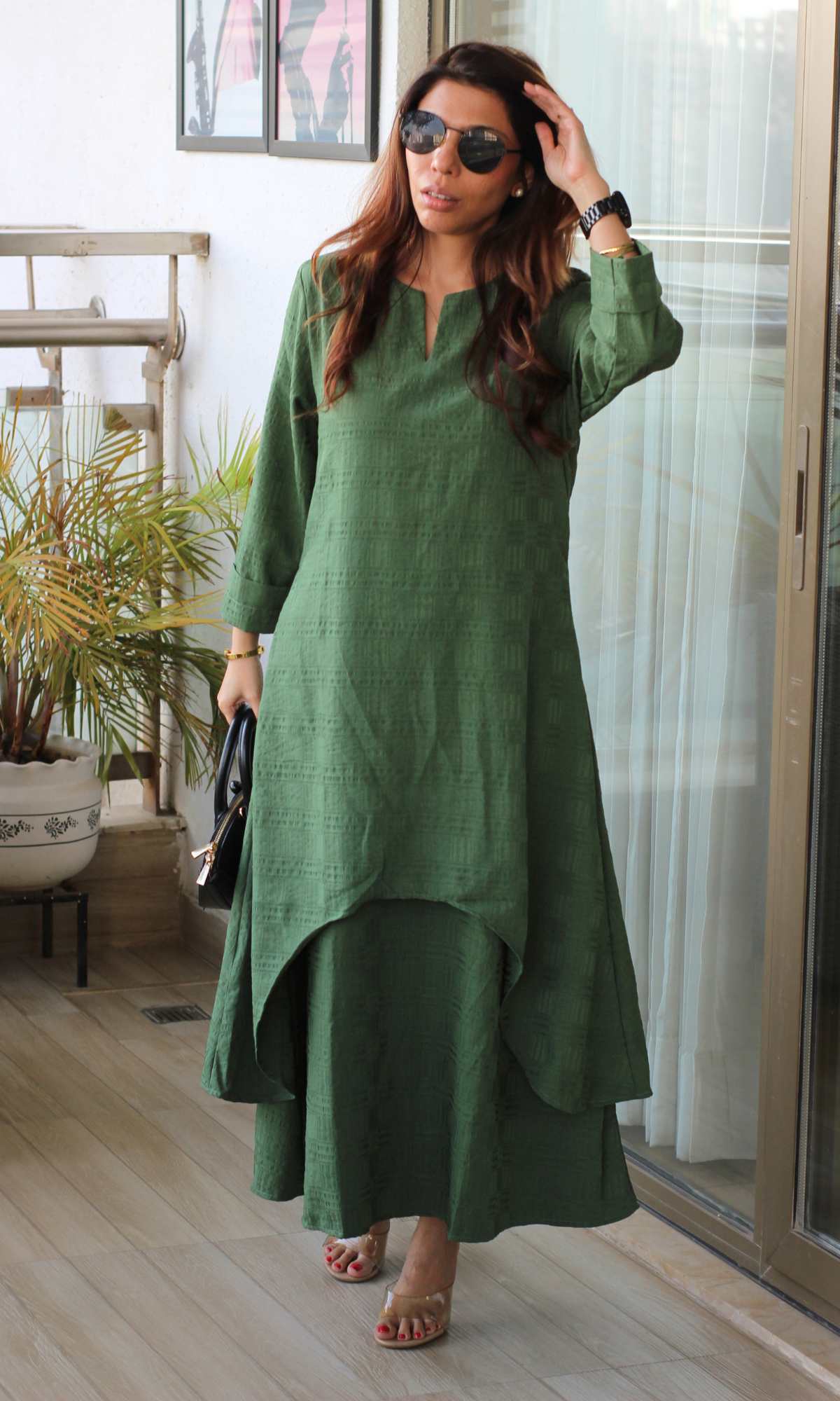 Green Fern Textured Slip Dress with Kurta – Baareeki
