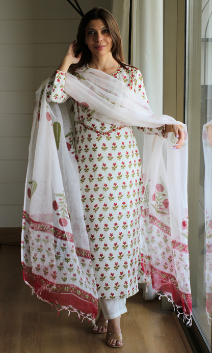 Cotton White & Red Flower Boota Print Kurta, Pants & Kota Doria Handblock Mughal Dupatta