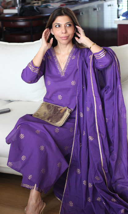 Purple & Gold Star Block print Kurta, Cotton Pants & Cotton Printed Dupatta