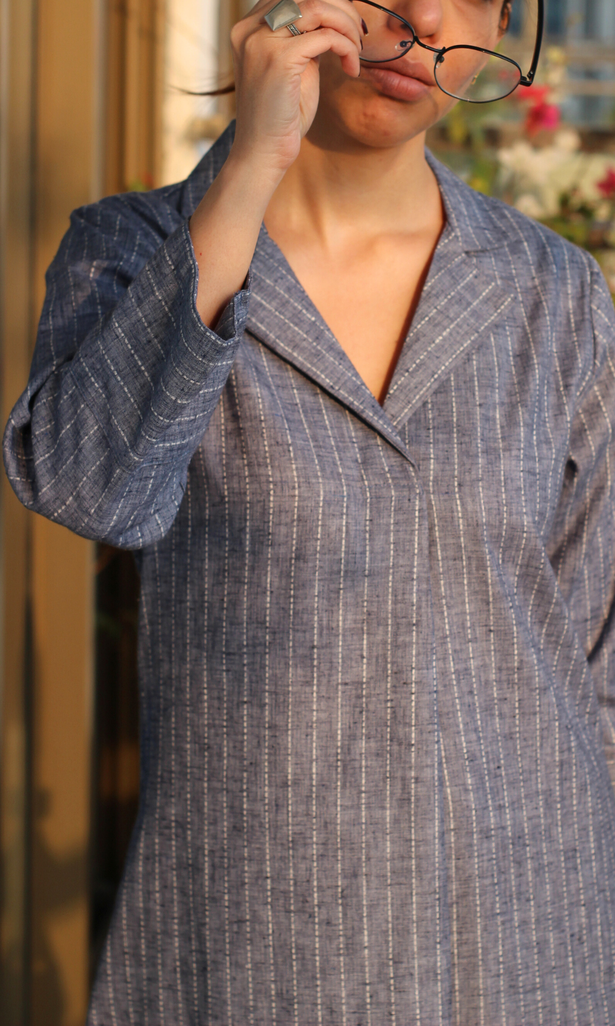 Denim Collared Striped Thread Kurta & Pant