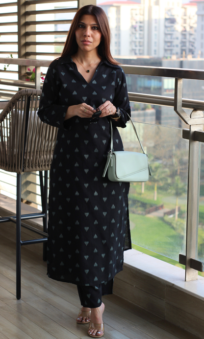Cotton Ikat Black & Blue Triangle Collared Kurta & Pant