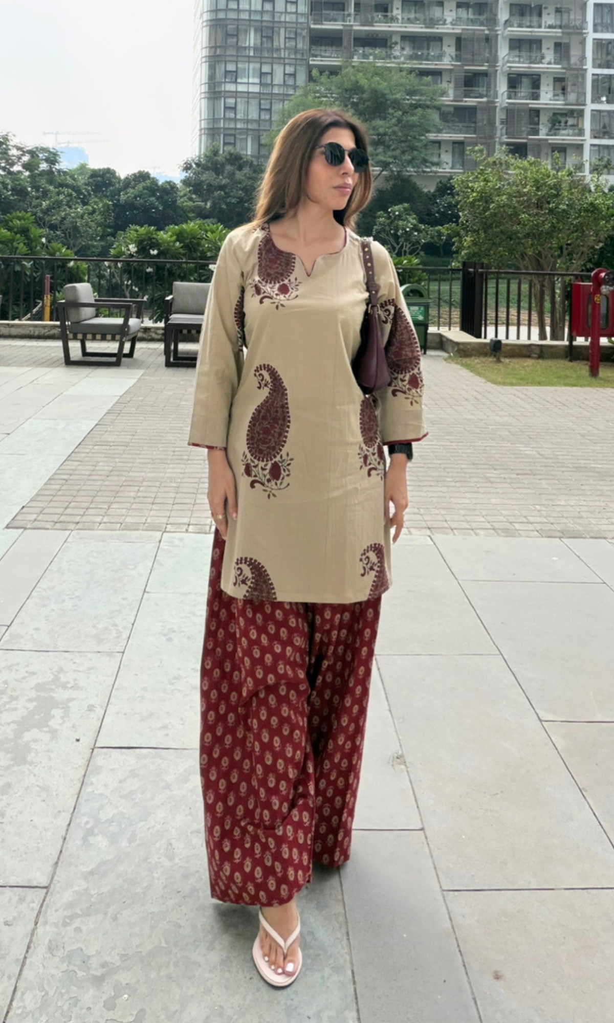 Beige & Rama Booto Kurta with Ajrakh print Farshi Salwaar