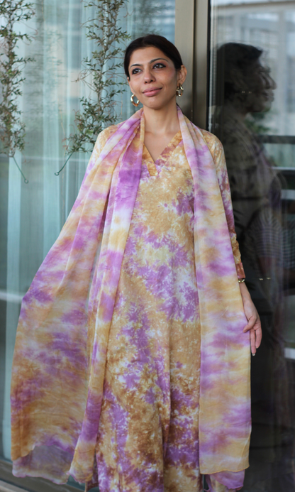 Cotton Lilac Haze African Shibori Kurta, Chiffon Dupatta & Cotton Pants