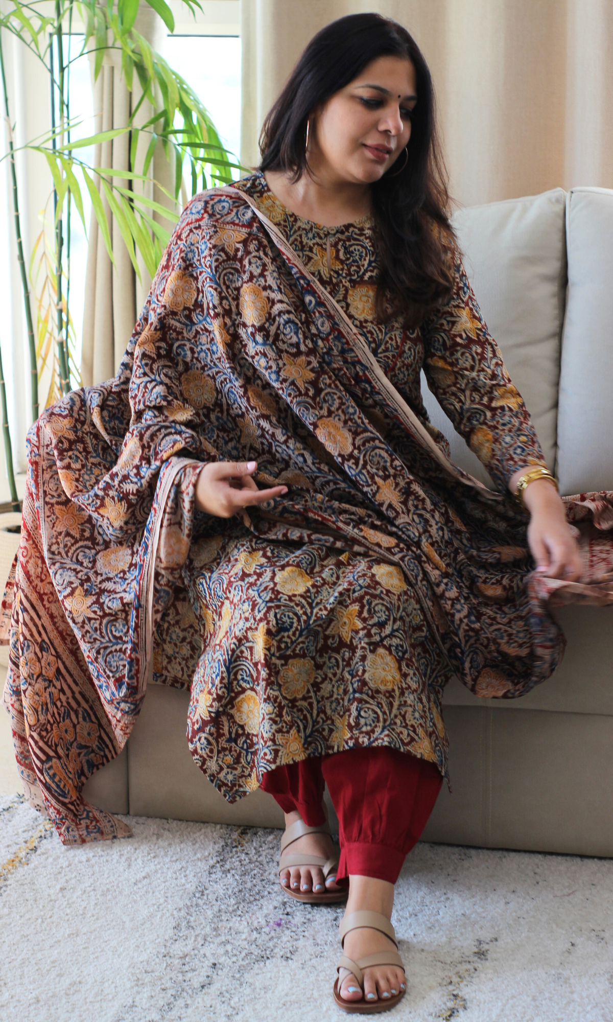 Deep Red & Yellow Flower Story Handblock Kalamkari Kurta, Dupatta & Afghani Pants