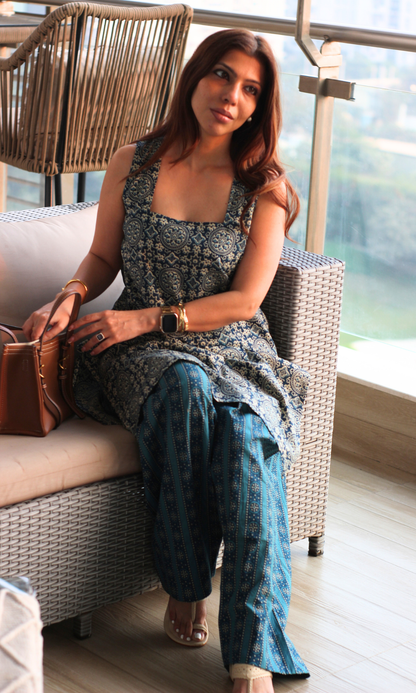 Cotton Teal Ajrakh Sleeveless Kurta & Farshi Salwaar