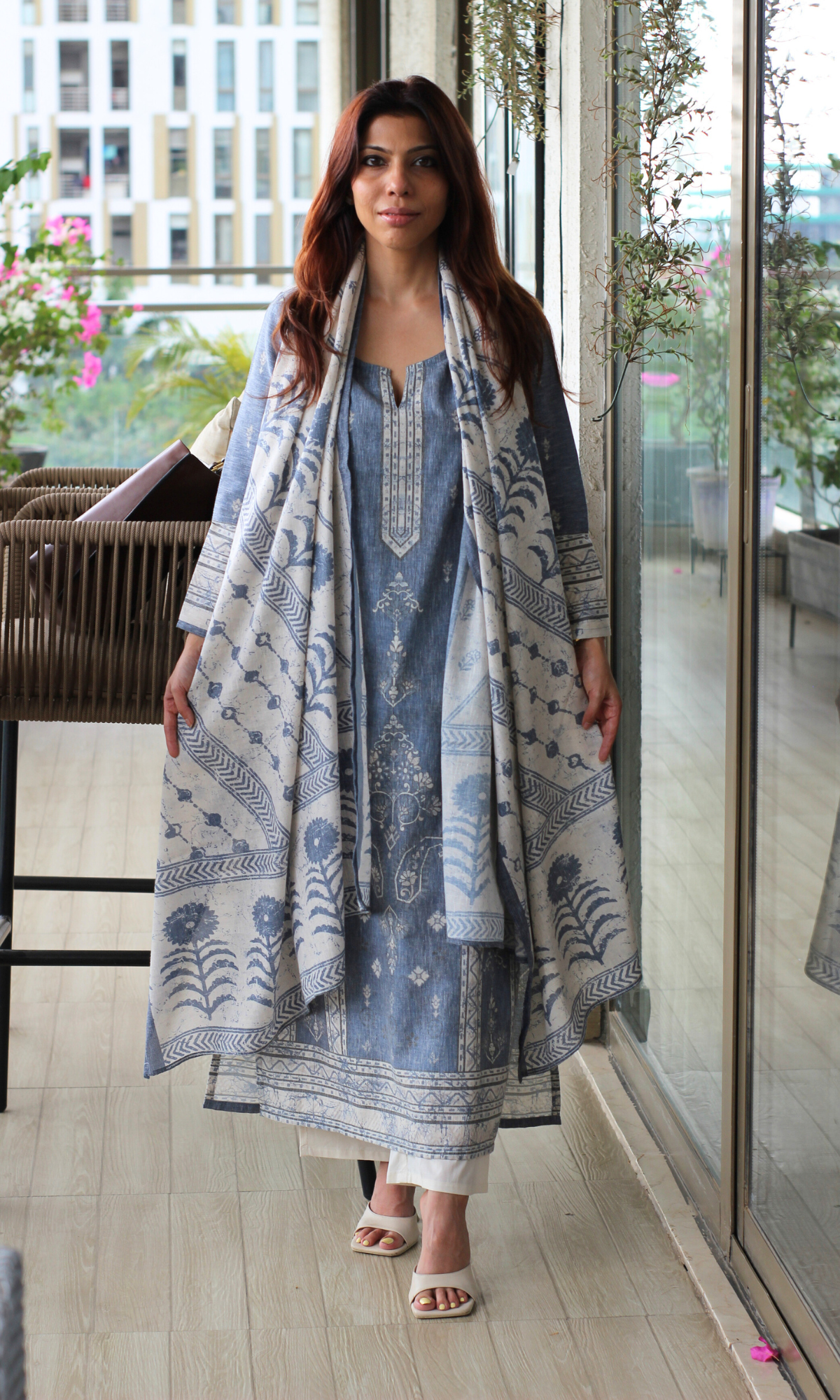 Linen Blend Ash Blue Rahat Print Kurta, Dupatta & Cotton Pants