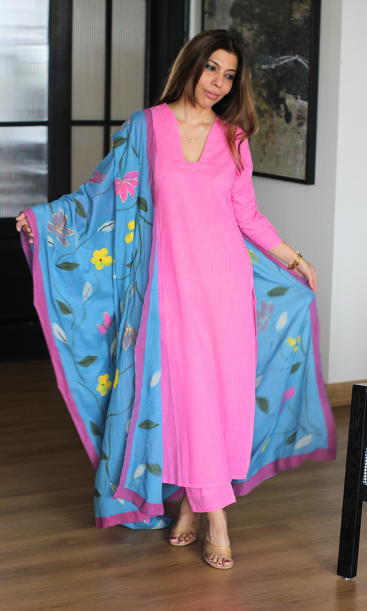 Pink Sorbet Cotton Slub Kurta, Pant with Handpainted Dupatta