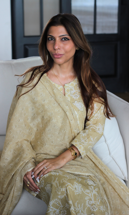 Wheat Block Print Cotton Kurta, Pants & Cotton Printed Dupatta