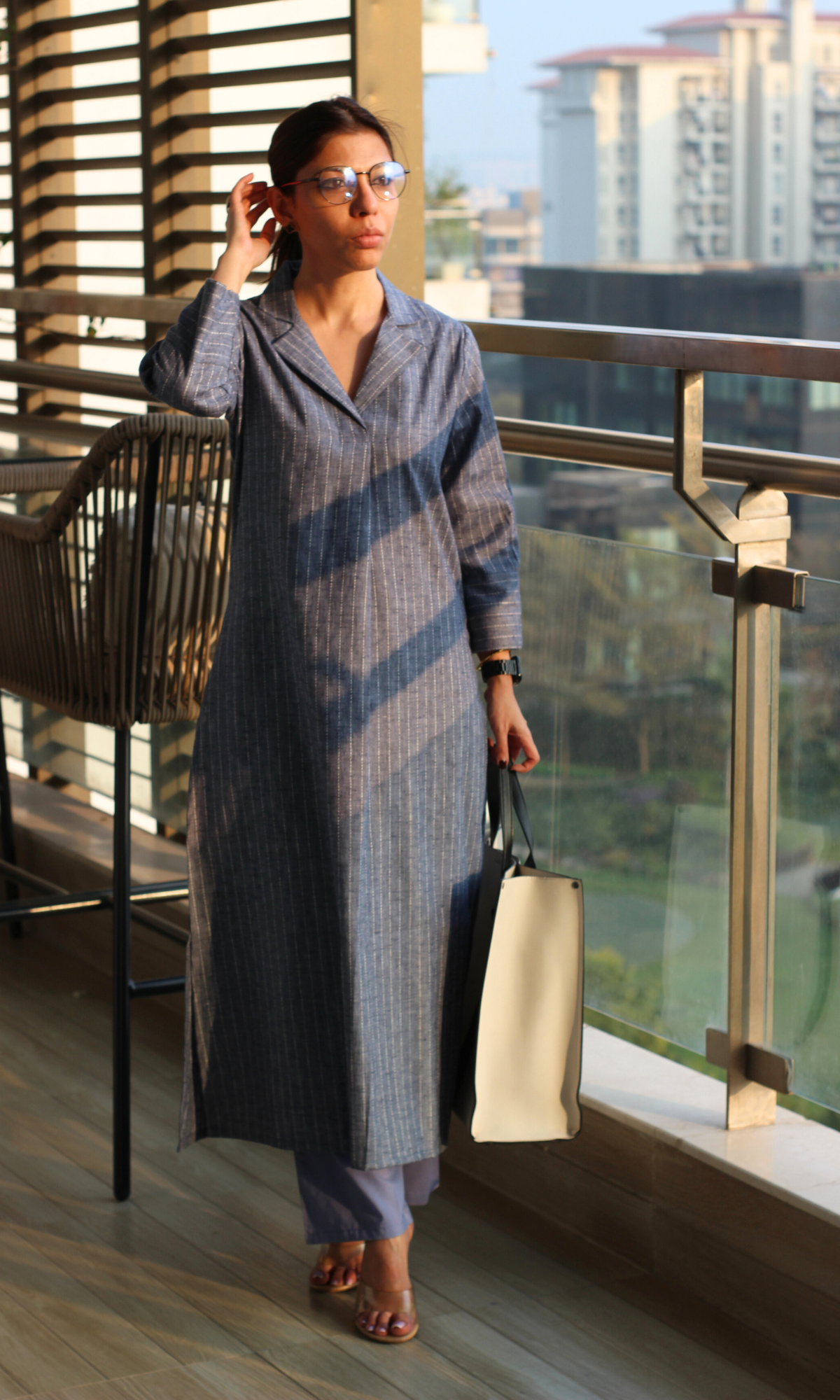 Denim Collared Striped Thread Kurta & Pant