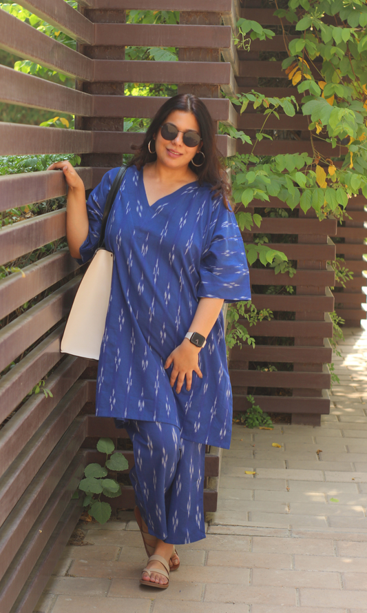 Ikat Blue Oversized Kaftan Style Co-ord