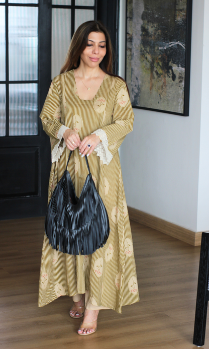 Sage Striped Floral Kali Style Kurta with Cotton Pants