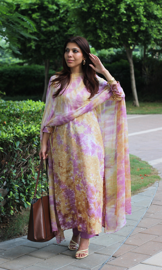 Cotton Lilac Haze African Shibori Kurta, Chiffon Dupatta & Cotton Pants