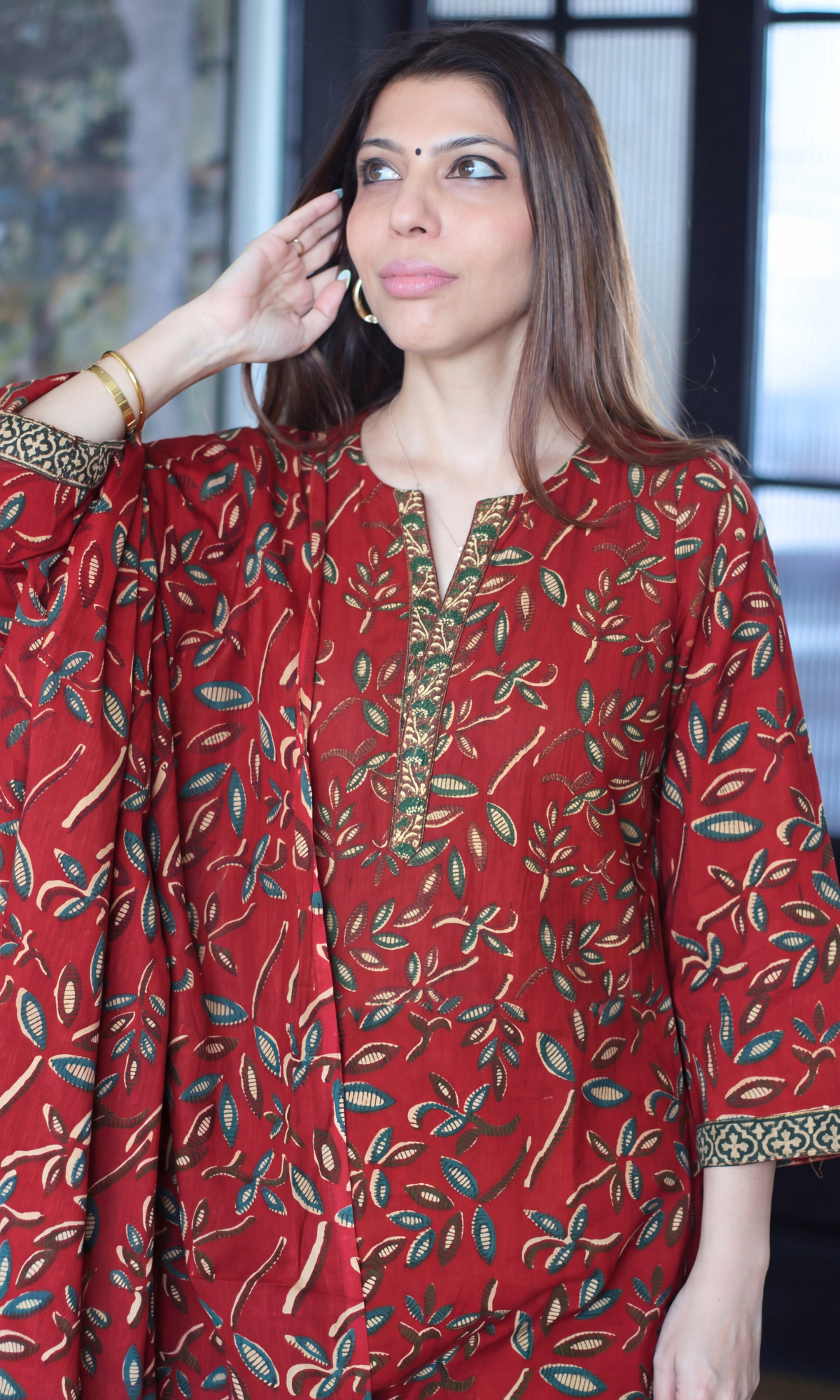 Vintage Red Kalamkari Leaf Print Cotton Kurta, Dupatta & Cotton Pants