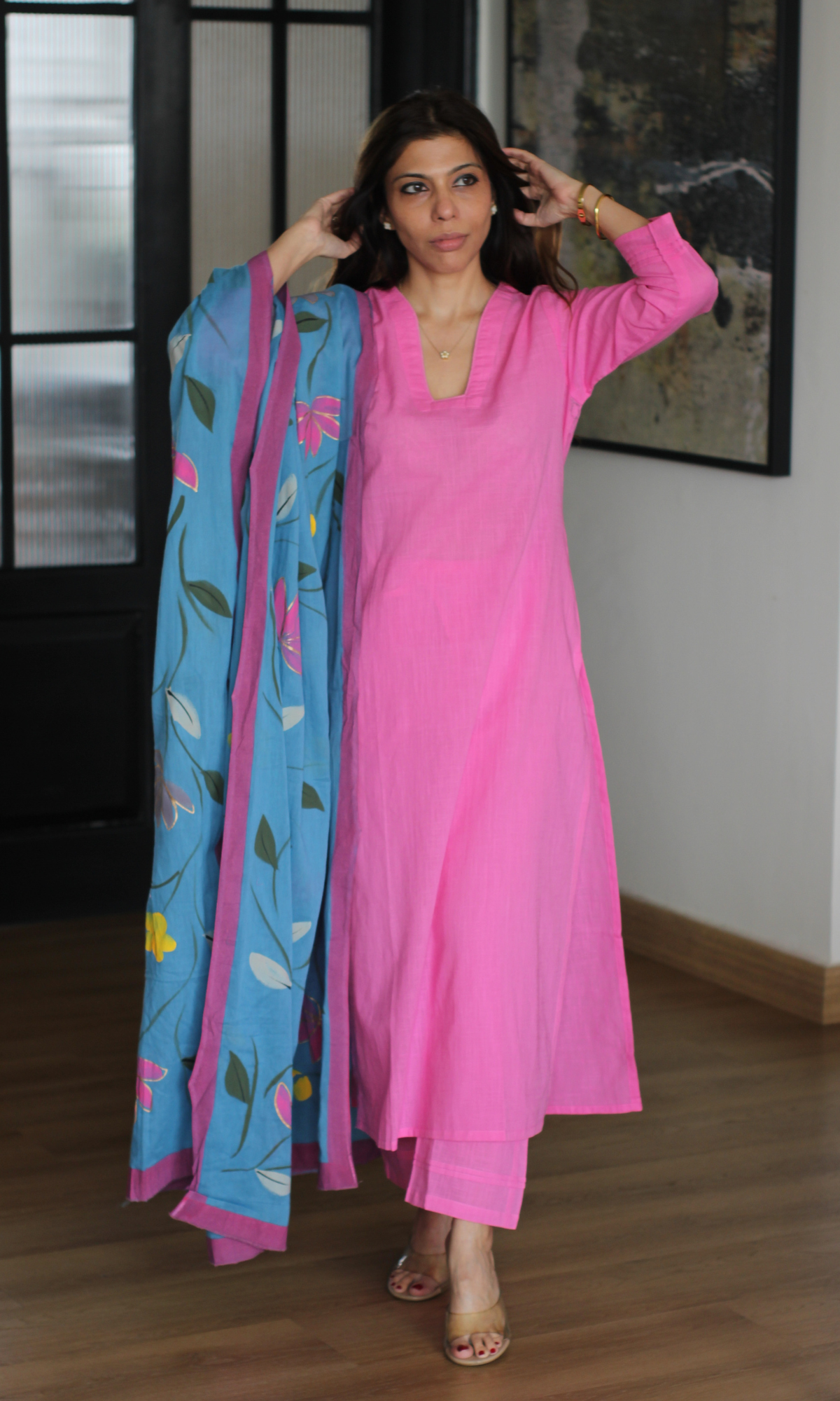 Pink Sorbet Cotton Slub Kurta, Pant with Handpainted Dupatta
