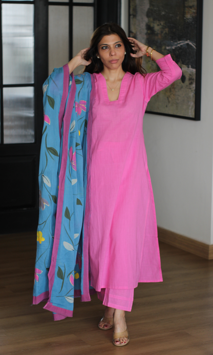 Pink Sorbet Cotton Slub Kurta, Pant with Handpainted Dupatta