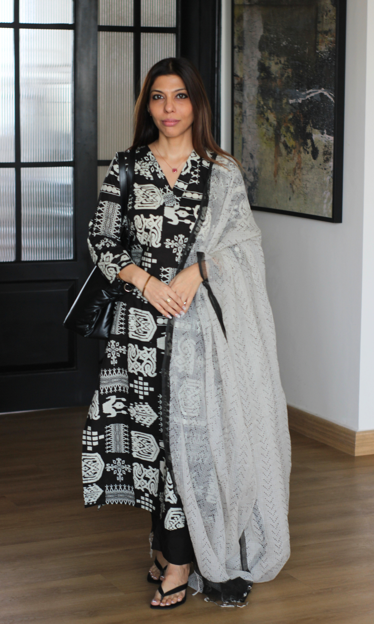 Cotton Black Noir Print Kurta, Handblock Kota Doria Dupatta & Cotton Pants