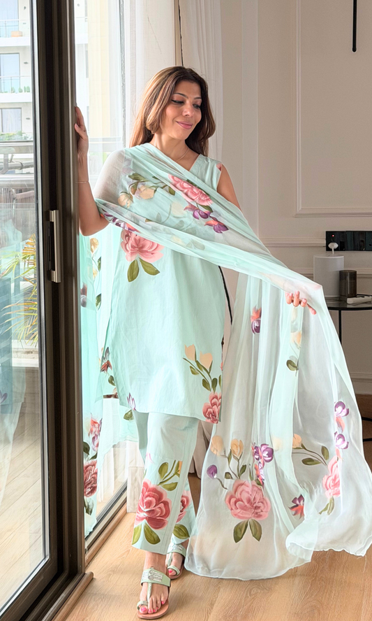 Mint Blossom Cotton Handpainted Sleeveless Kurta, Pants & Chiffon Handbrush Painted Dupatta