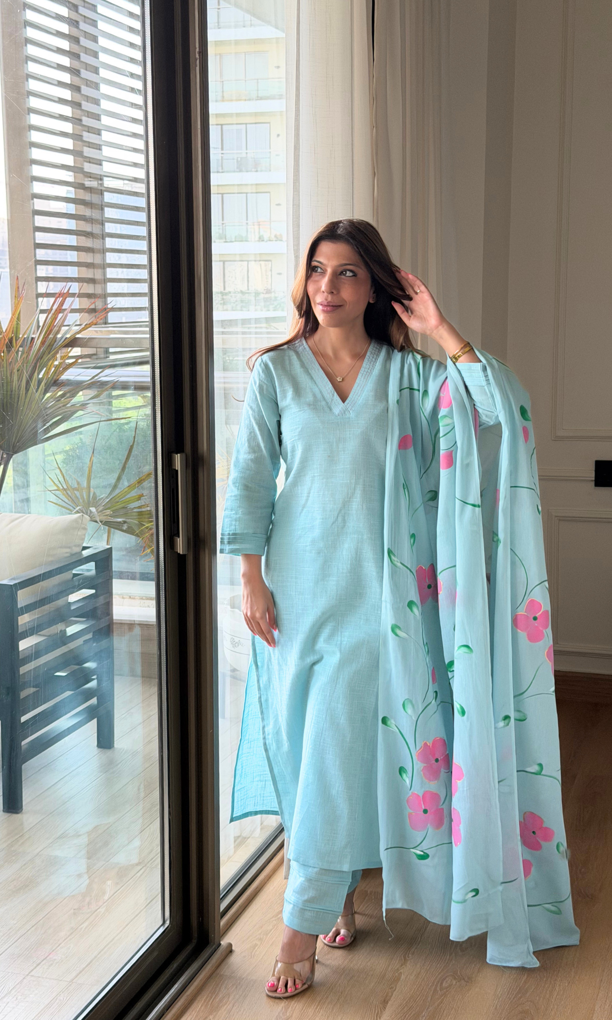 Aqua Blue Slub Cotton Kurta with Pant & Mul Handpainted Dupatta