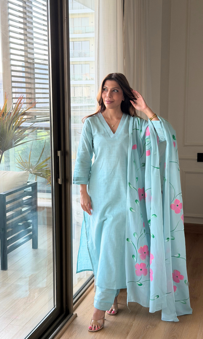 Aqua Blue Slub Cotton Kurta with Pant & Mul Handpainted Dupatta