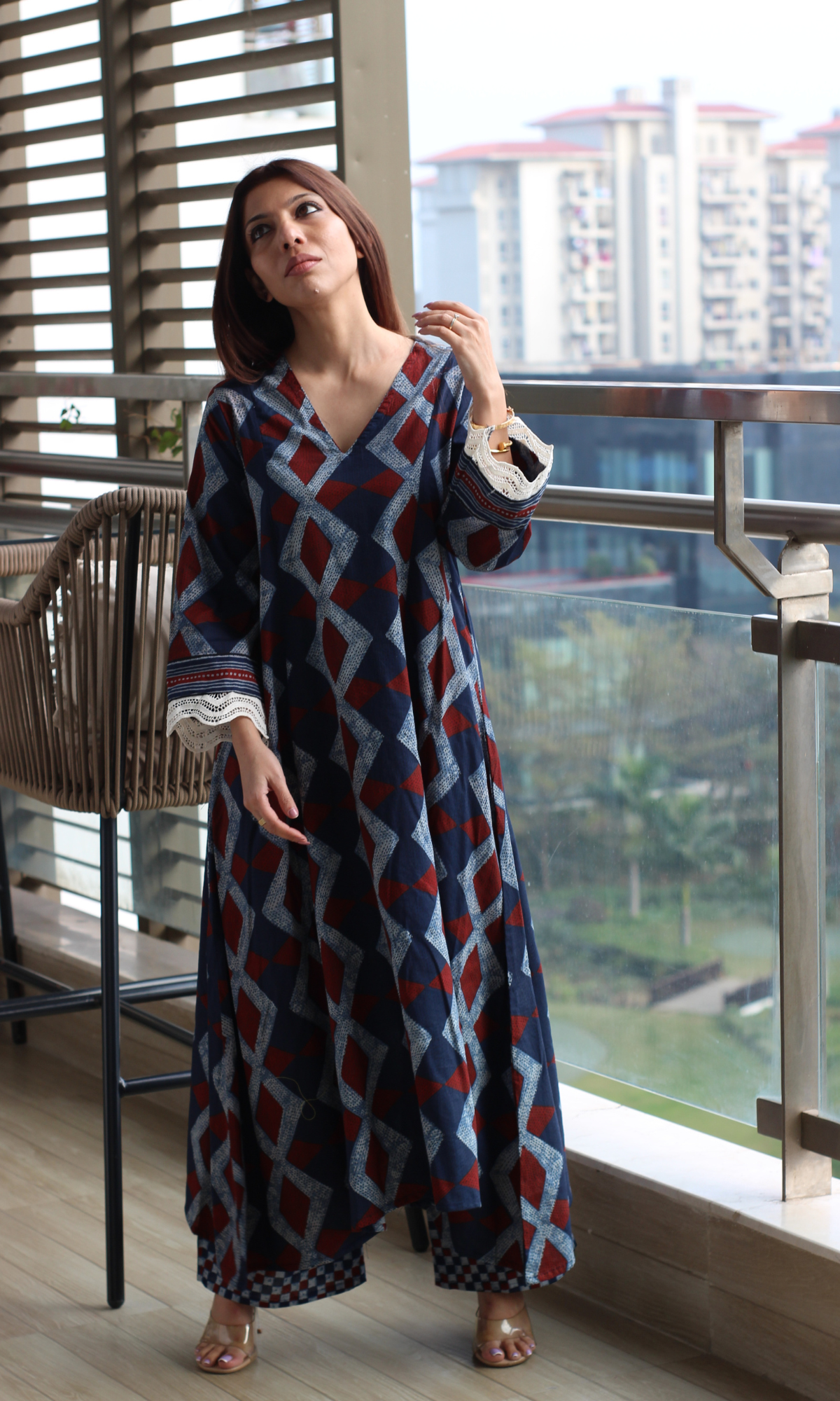 Indigo & Maroon Diamond Print High Low Kurta & Pant Co-ord