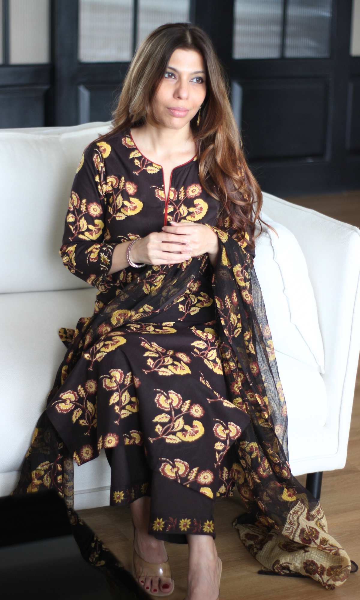 Mumtaaz Brown Block Print Kurta, Cotton Pant & Kota Doria Block Printed Dupatta