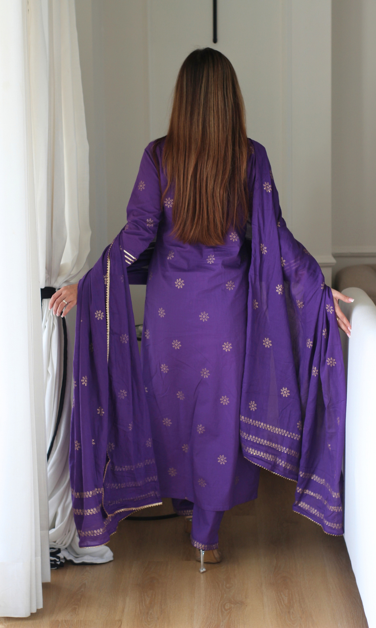 Purple & Gold Star Block print Kurta, Cotton Pants & Cotton Printed Dupatta
