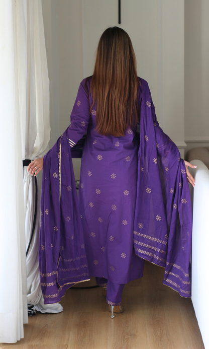 Purple & Gold Star Block print Kurta, Cotton Pants & Cotton Printed Dupatta