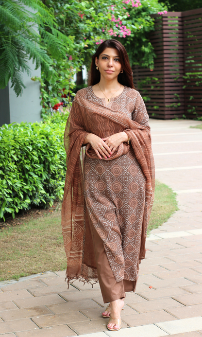 Kota Doria Sandalwood Handblock Print Kurta, Dupatta with Cotton Pants
