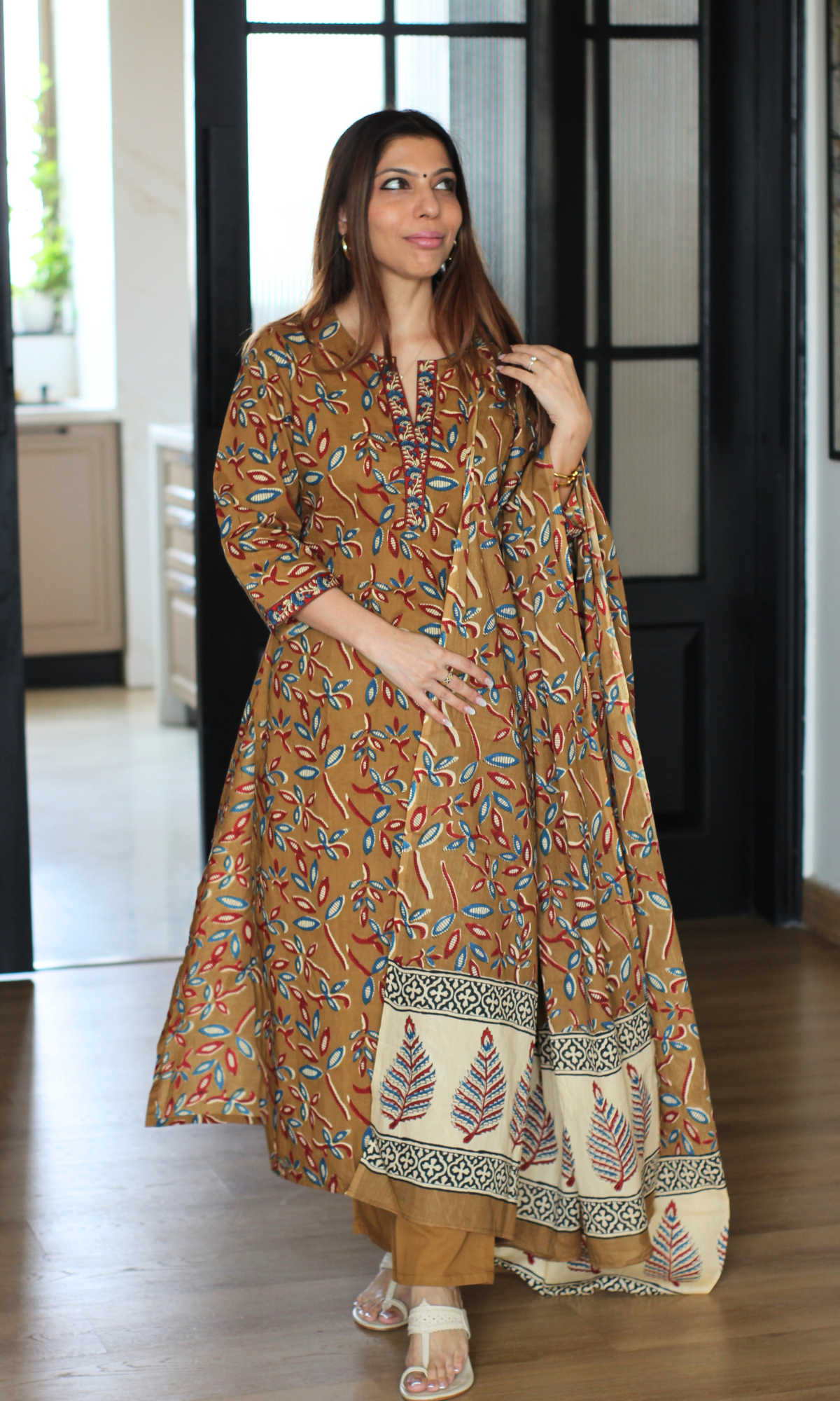 Mocha Mustard Kalamkari Leaf Print Cotton Kurta, Dupatta & Cotton Pants