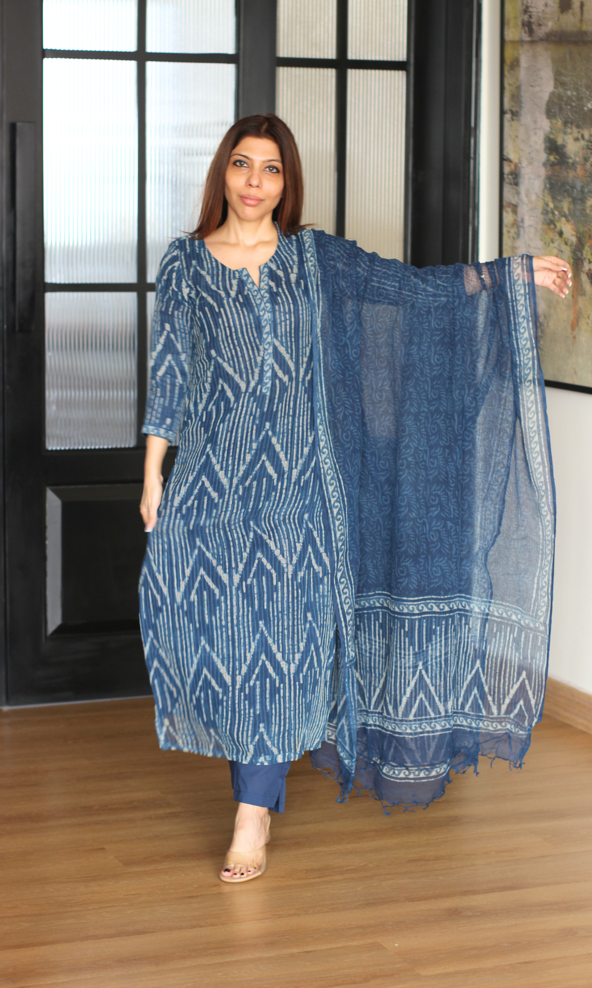 Kota Doria Indigo Geometric  Handblock Print Kurta and Dupatta with Cotton Pants