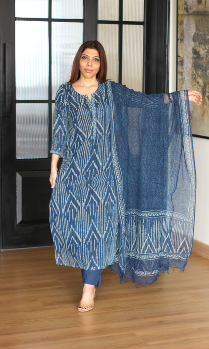 Kota Doria Indigo Geometric  Handblock Print Kurta and Dupatta with Cotton Pants