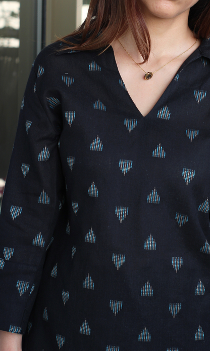 Cotton Ikat Black & Blue Triangle Collared Kurta & Pant