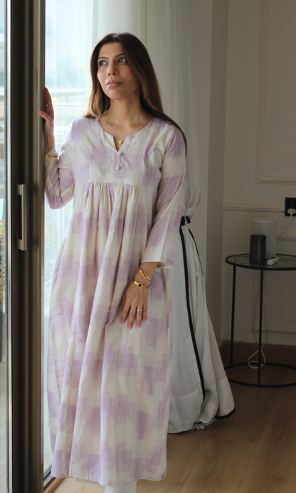 Lavender Checks Linen Cotton Kurta with Cotton Pants