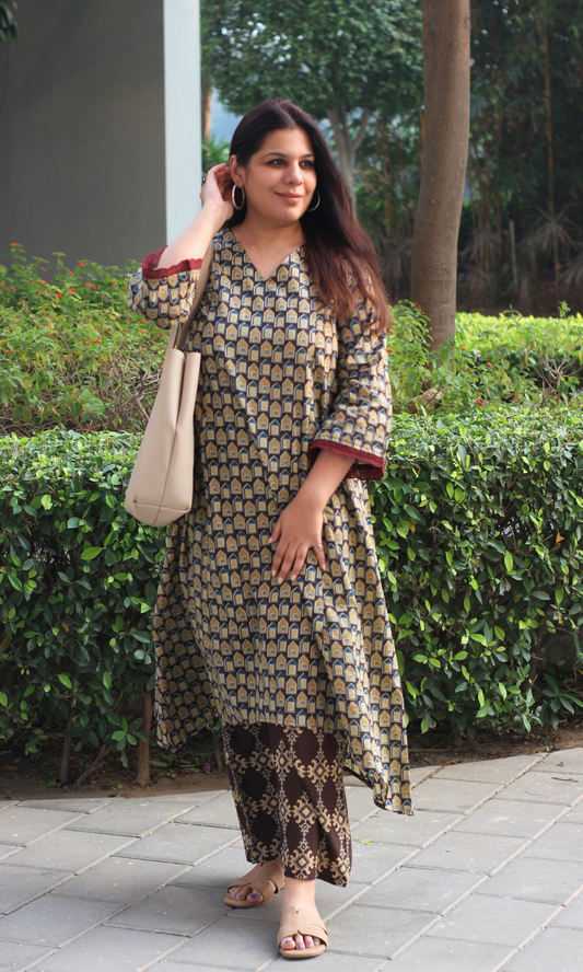 Cotton Dark Brown Ajrakh Palace Print High Low Kurta & Palazzo