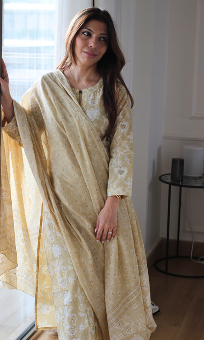 Wheat Block Print Cotton Kurta, Pants & Cotton Printed Dupatta