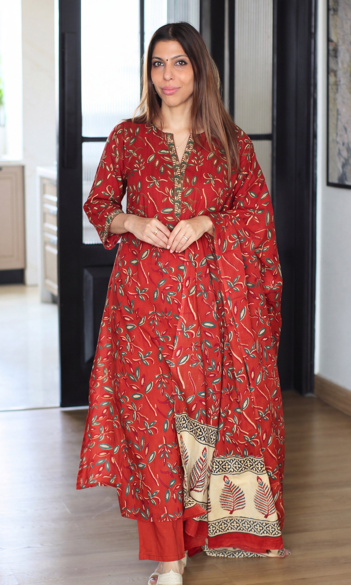 Vintage Red Kalamkari Leaf Print Cotton Kurta, Dupatta & Cotton Pants