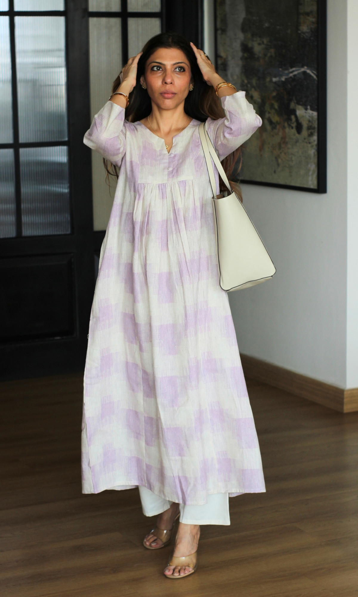 Lavender Checks Linen Cotton Kurta with Cotton Pants