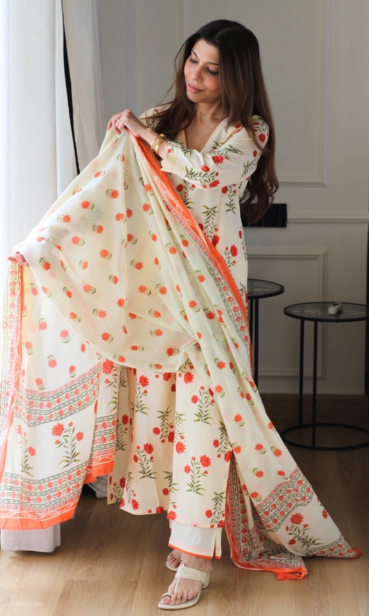 Kesar Kyaari Block Print Kurta, Dupatta & Cotton Pants