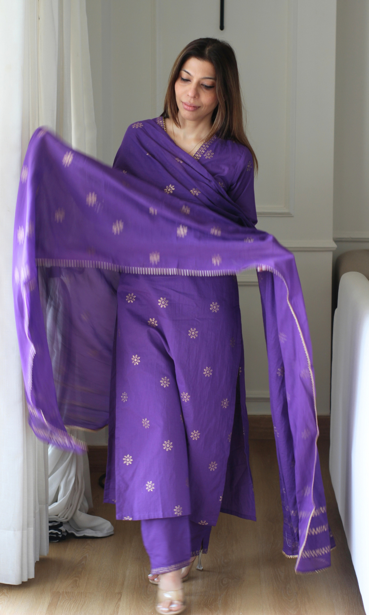 Purple & Gold Star Block print Kurta, Cotton Pants & Cotton Printed Dupatta