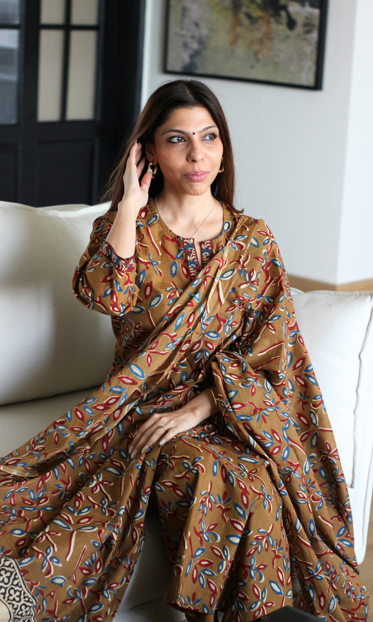 Mocha Mustard Kalamkari Leaf Print Cotton Kurta, Dupatta & Cotton Pants
