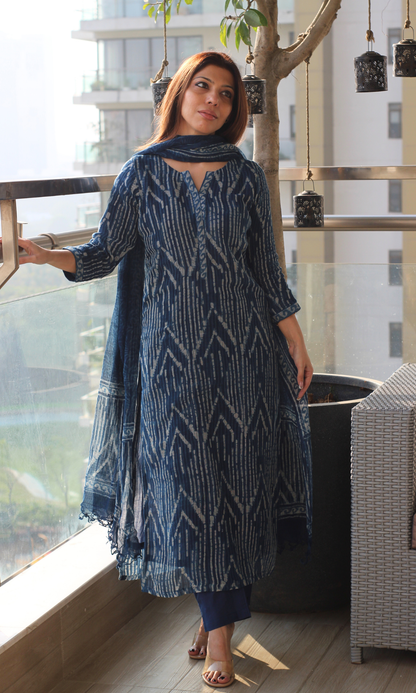 Kota Doria Indigo Geometric  Handblock Print Kurta and Dupatta with Cotton Pants