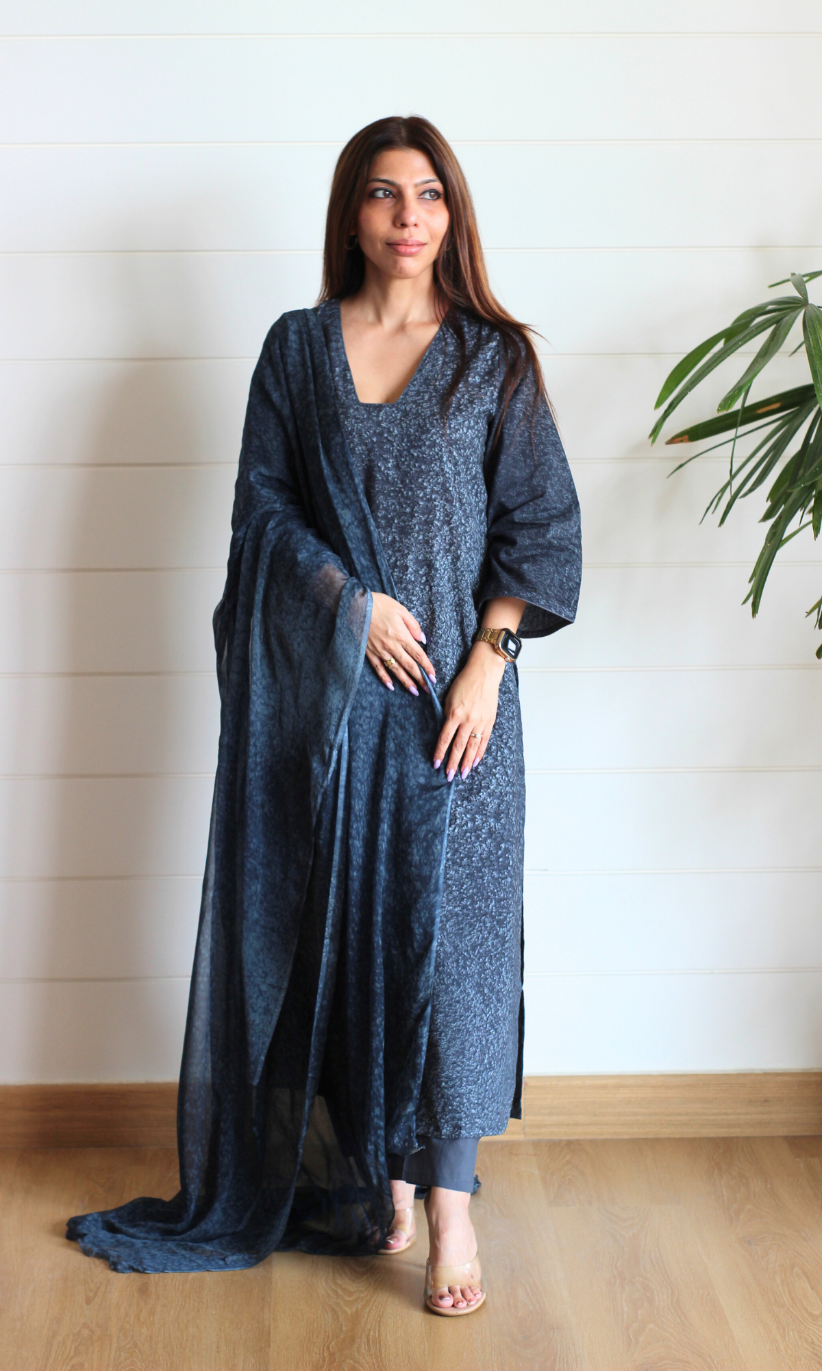 Cotton Graphite Glow African Shibori Kurta, Chiffon Dupatta & Cotton Pants