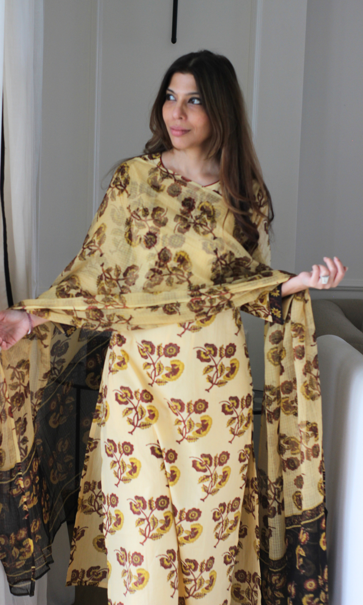 Samira Beige Mughal Print Kurta, Cotton Pant & Kota Doria Block Printed Dupatta