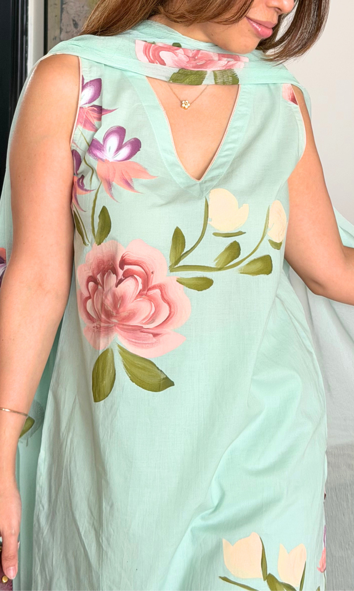 Mint Blossom Cotton Handpainted Sleeveless Kurta, Pants & Chiffon Handbrush Painted Dupatta