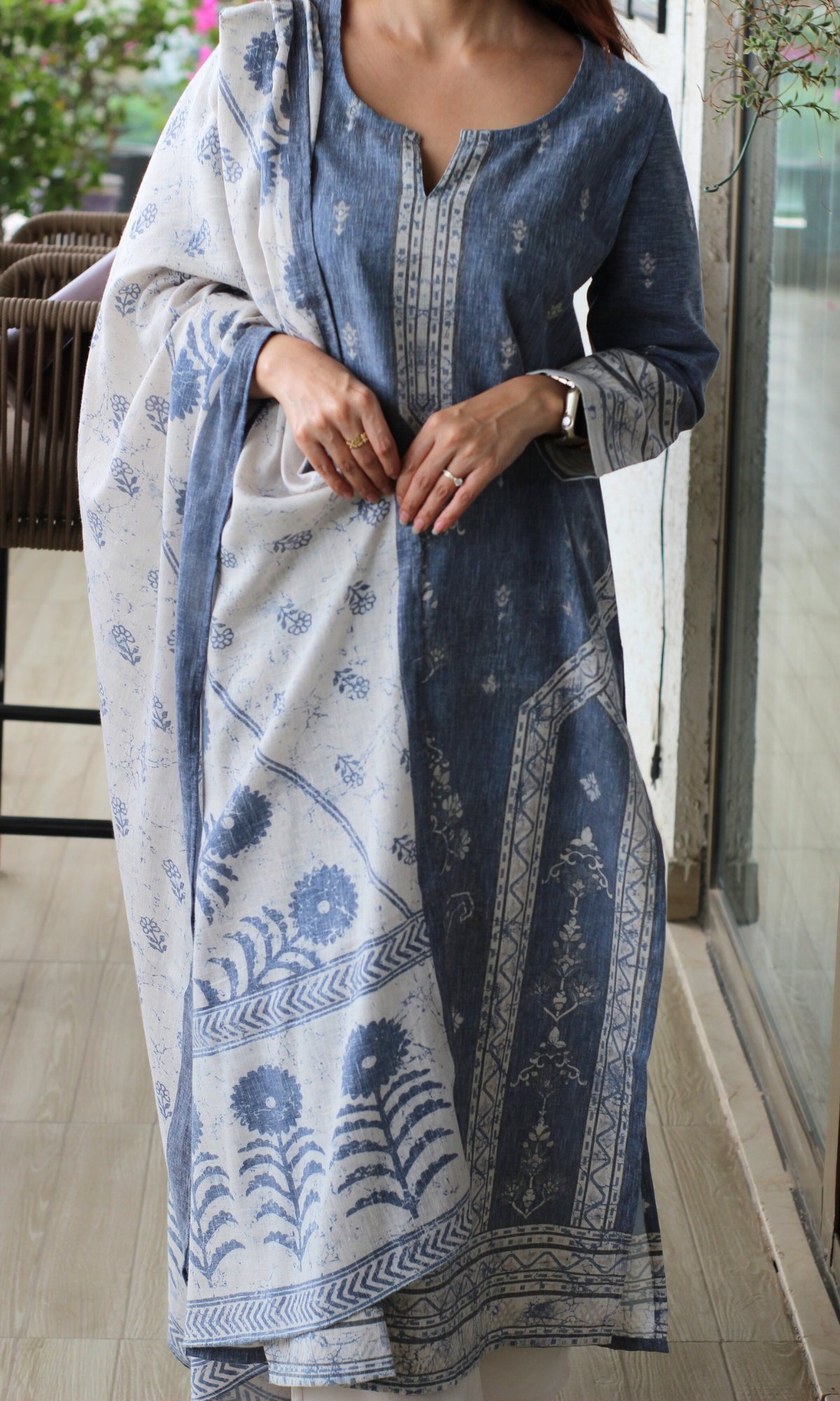Linen Blend Ash Blue Rahat Print Kurta, Dupatta & Cotton Pants