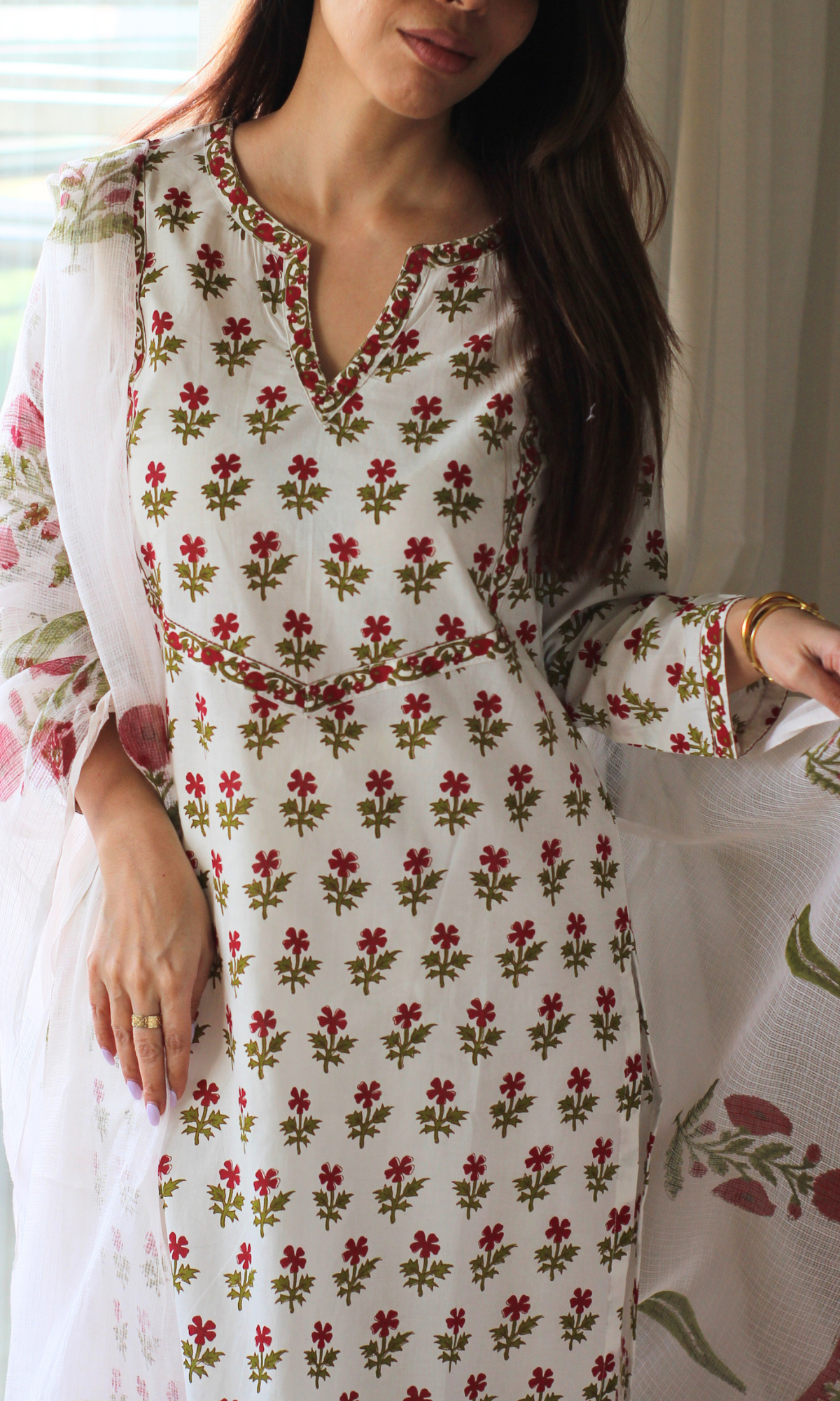 Cotton White & Red Flower Boota Print Kurta, Pants & Kota Doria Handblock Mughal Dupatta