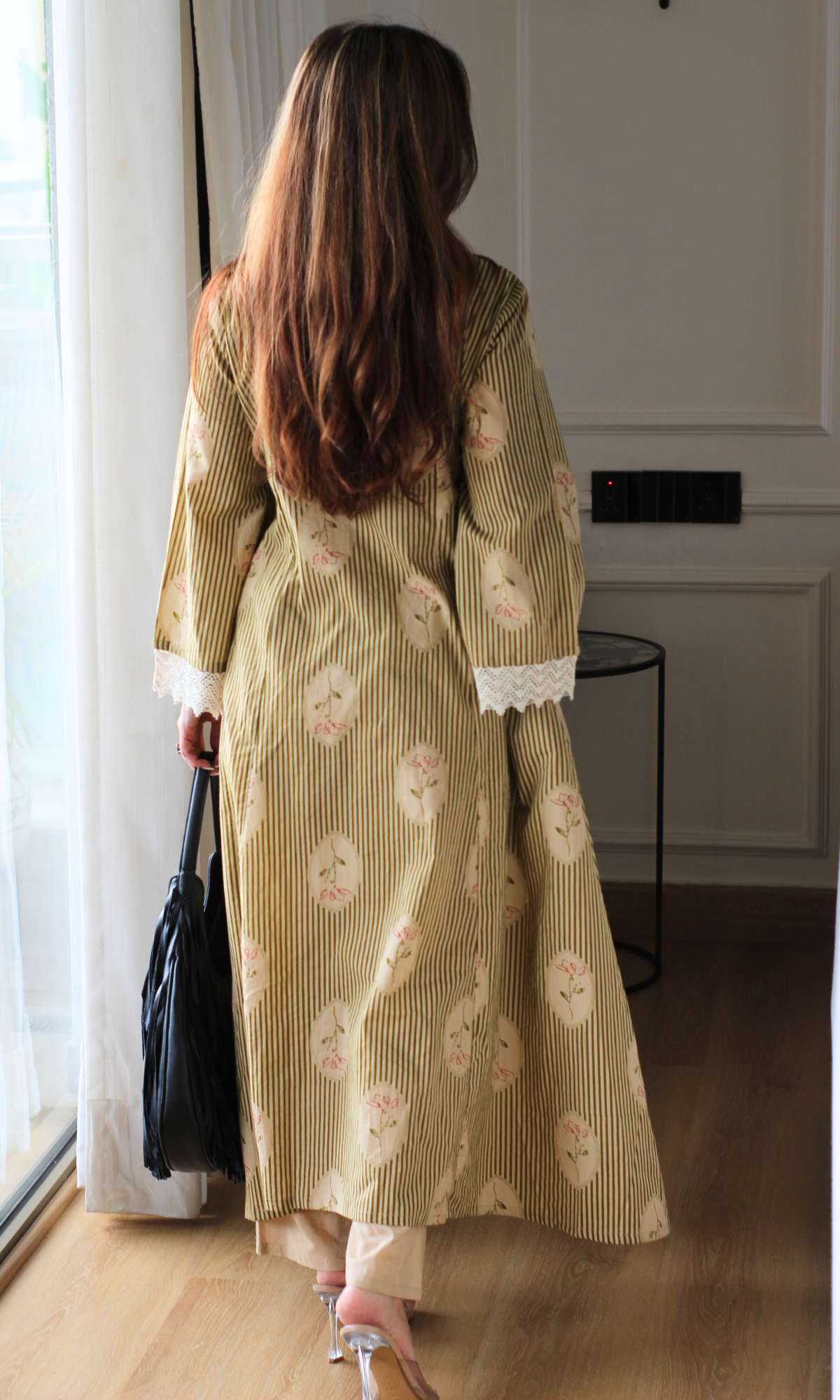 Sage Striped Floral Kali Style Kurta with Cotton Pants