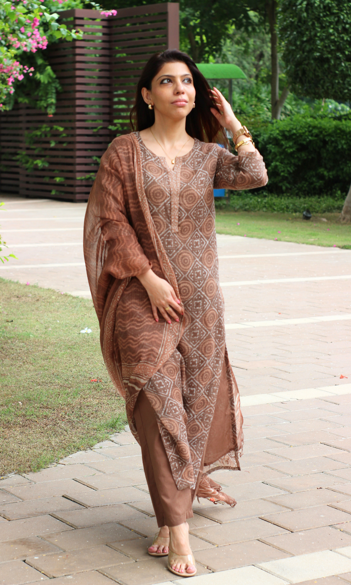 Kota Doria Sandalwood Handblock Print Kurta, Dupatta with Cotton Pants