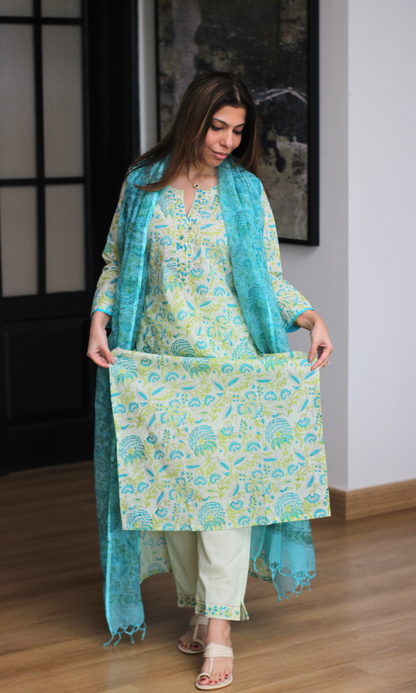 Alia Green Floral Block Print Kurta, Pant & Kota Doria Printed Dupatta
